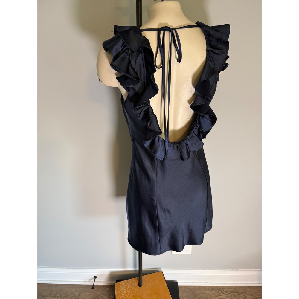 Princess Polly Navy Blue Ruffle V-Neck Open Back Satin Mini Dress US 6 - Picture 6 of 6